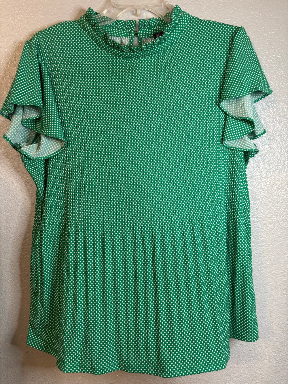Adrianna Papell Green Polka Dot Ruffle Sleeve Mock Neck Blouse Women's Size L